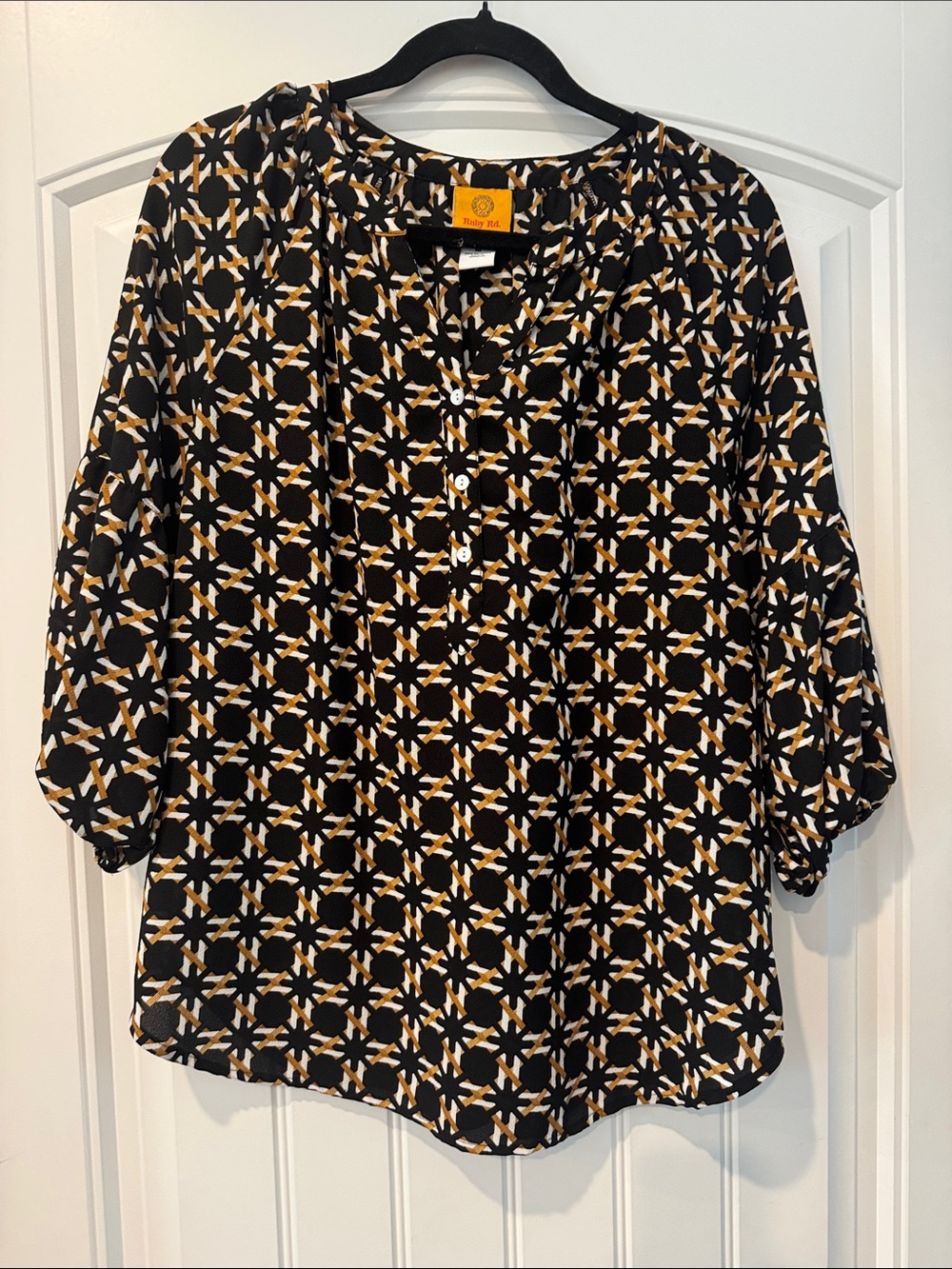 Ruby Rd. Black and Gold Geometric Button-Front Blouse